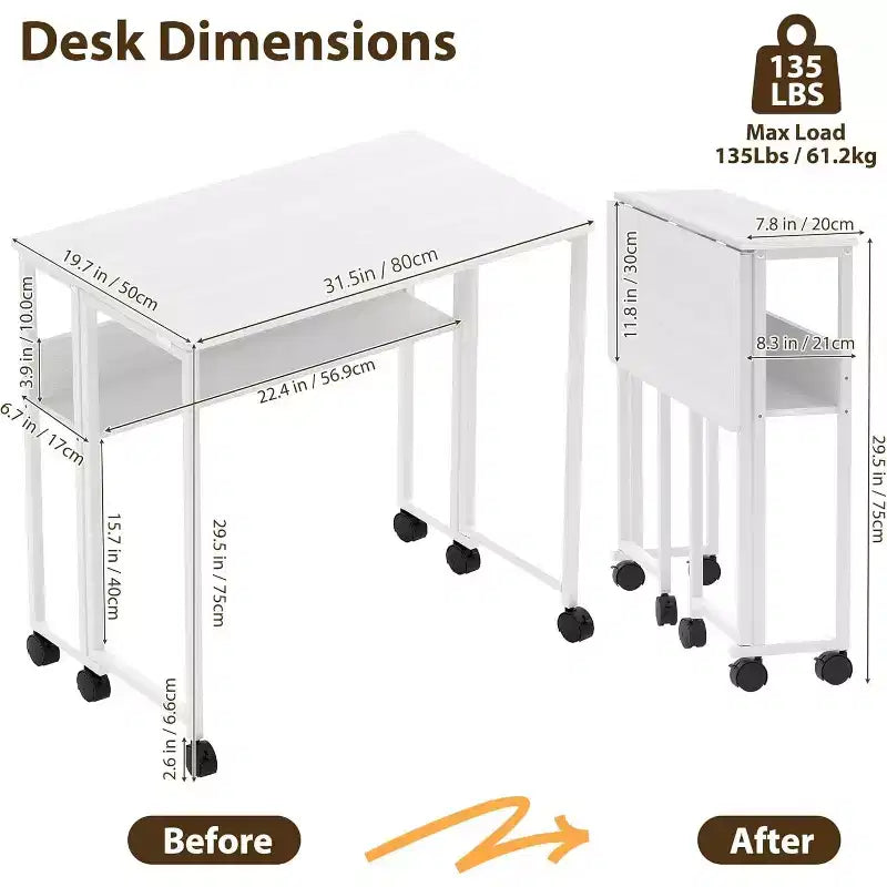 Folding Desk Small Rolling Desk with Storage Shelf,31.5 Inch Foldable Computer Table for Small Spaces, Space Saving Sofa Table with Wheels for Study