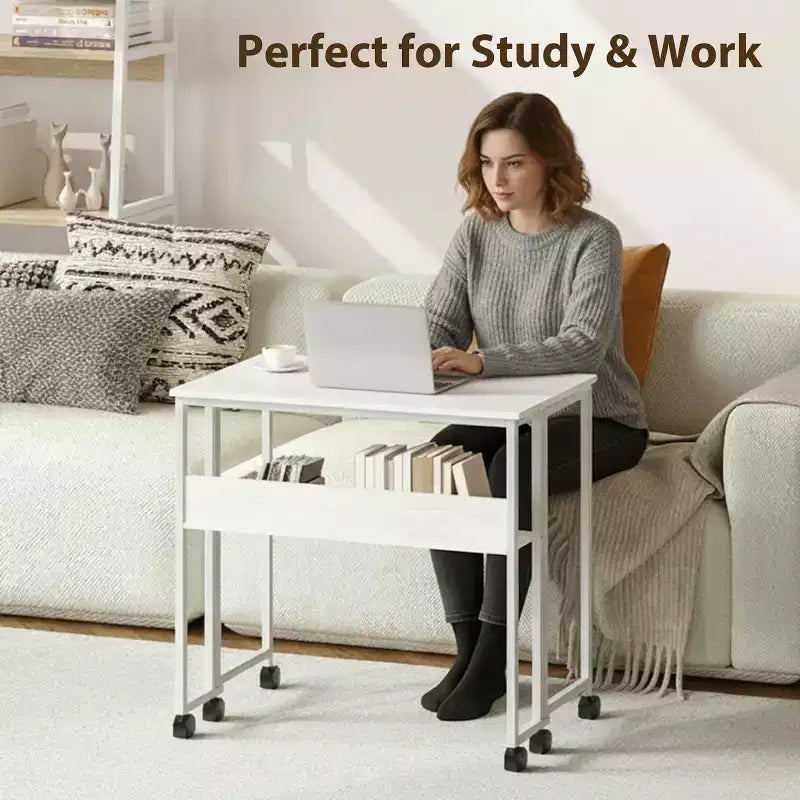 Folding Desk Small Rolling Desk with Storage Shelf,31.5 Inch Foldable Computer Table for Small Spaces, Space Saving Sofa Table with Wheels for Study