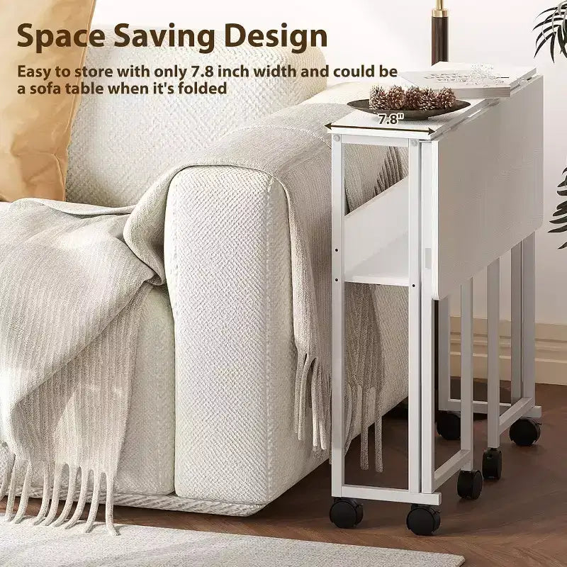 Folding Desk Small Rolling Desk with Storage Shelf,31.5 Inch Foldable Computer Table for Small Spaces, Space Saving Sofa Table with Wheels for Study