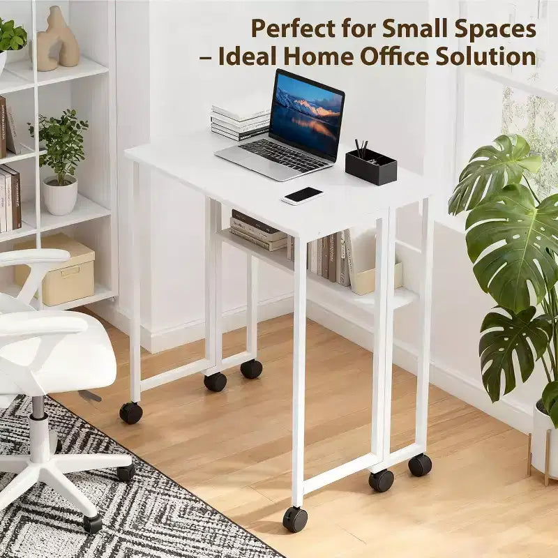 Folding Desk Small Rolling Desk with Storage Shelf,31.5 Inch Foldable Computer Table for Small Spaces, Space Saving Sofa Table with Wheels for Study