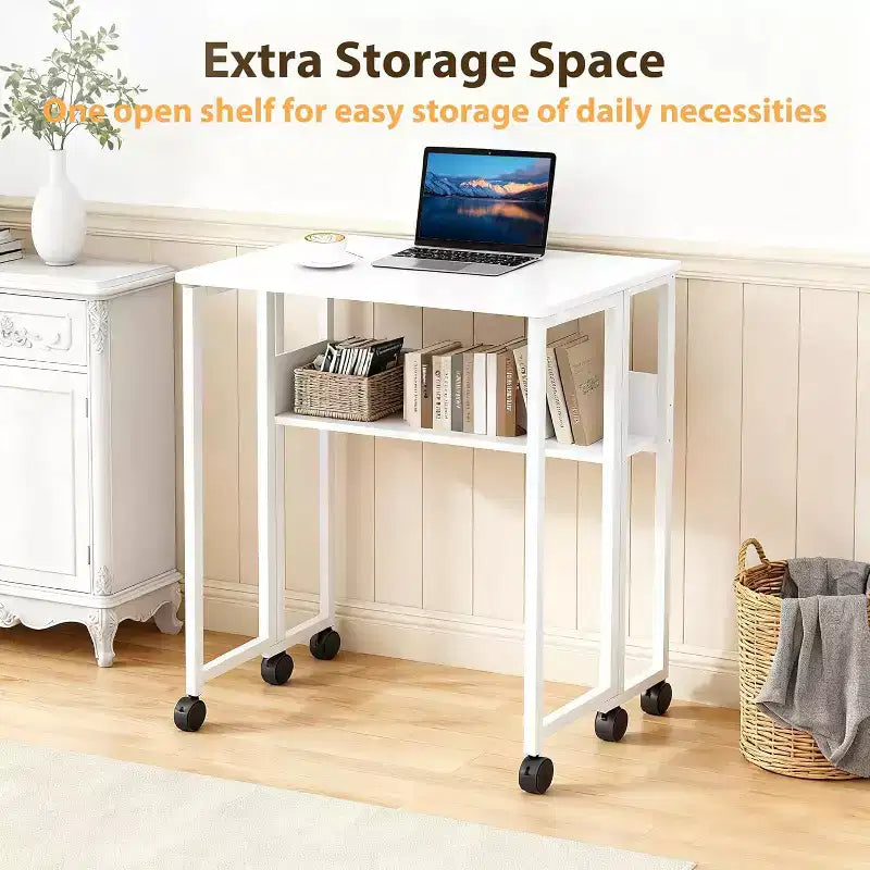 Folding Desk Small Rolling Desk with Storage Shelf,31.5 Inch Foldable Computer Table for Small Spaces, Space Saving Sofa Table with Wheels for Study