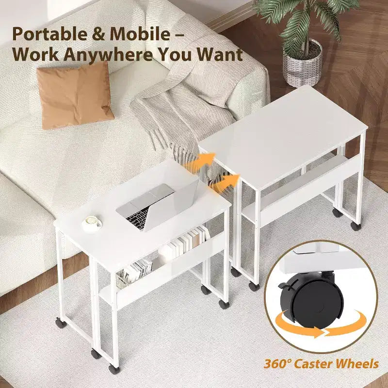 Folding Desk Small Rolling Desk with Storage Shelf,31.5 Inch Foldable Computer Table for Small Spaces, Space Saving Sofa Table with Wheels for Study