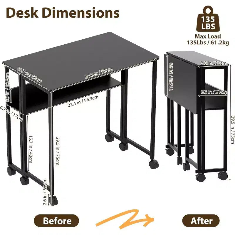 Folding Desk Small Rolling Desk with Storage Shelf,31.5 Inch Foldable Computer Table for Small Spaces, Space Saving Sofa Table with Wheels for Study