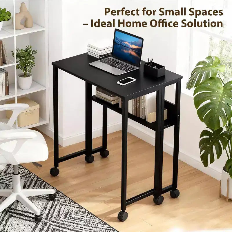 Folding Desk Small Rolling Desk with Storage Shelf,31.5 Inch Foldable Computer Table for Small Spaces, Space Saving Sofa Table with Wheels for Study