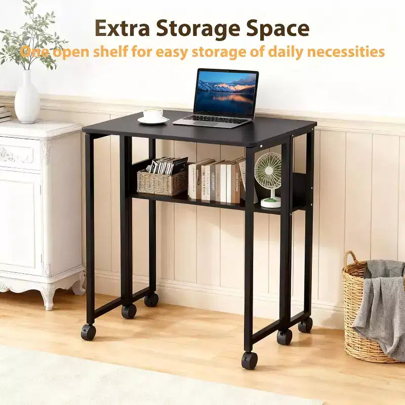 Folding Desk Small Rolling Desk with Storage Shelf,31.5 Inch Foldable Computer Table for Small Spaces, Space Saving Sofa Table with Wheels for Study