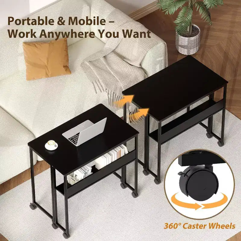 Folding Desk Small Rolling Desk with Storage Shelf,31.5 Inch Foldable Computer Table for Small Spaces, Space Saving Sofa Table with Wheels for Study