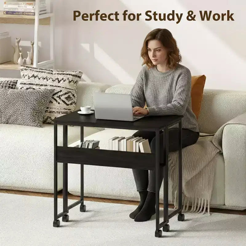 Folding Desk Small Rolling Desk with Storage Shelf,31.5 Inch Foldable Computer Table for Small Spaces, Space Saving Sofa Table with Wheels for Study