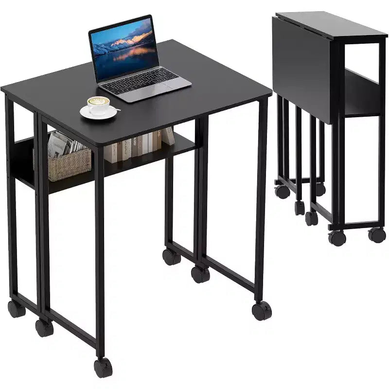 Folding Desk Small Rolling Desk with Storage Shelf,31.5 Inch Foldable Computer Table for Small Spaces, Space Saving Sofa Table with Wheels for Study