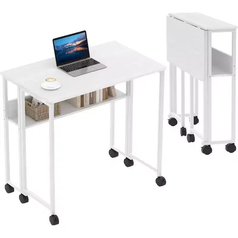 Folding Desk Small Rolling Desk with Storage Shelf,31.5 Inch Foldable Computer Table for Small Spaces, Space Saving Sofa Table with Wheels for Study