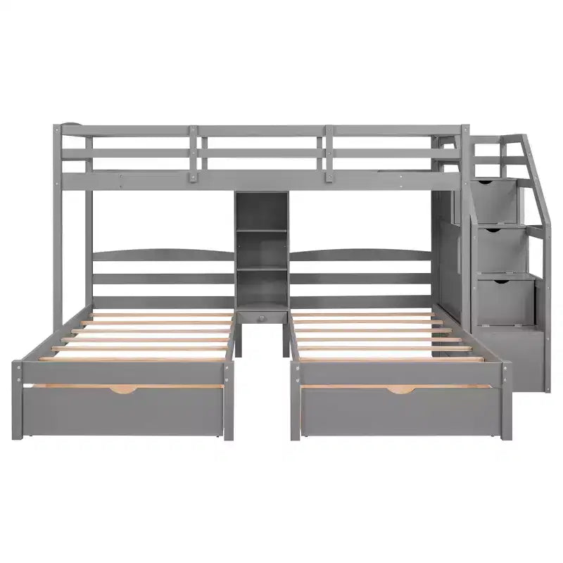 Luxystar Twin Size Triple Bunk Bed with 3 Drawers, 6 Shelves, High Guardrails and Sloped Ladder, Gray