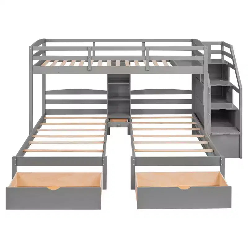 Luxystar Twin Size Triple Bunk Bed with 3 Drawers, 6 Shelves, High Guardrails and Sloped Ladder, Gray