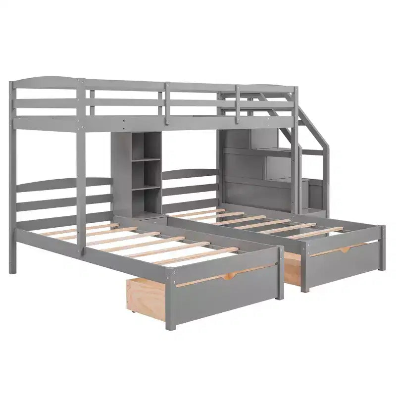 Luxystar Twin Size Triple Bunk Bed with 3 Drawers, 6 Shelves, High Guardrails and Sloped Ladder, Gray