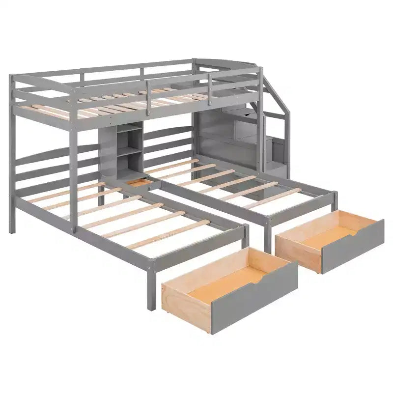 Luxystar Twin Size Triple Bunk Bed with 3 Drawers, 6 Shelves, High Guardrails and Sloped Ladder, Gray