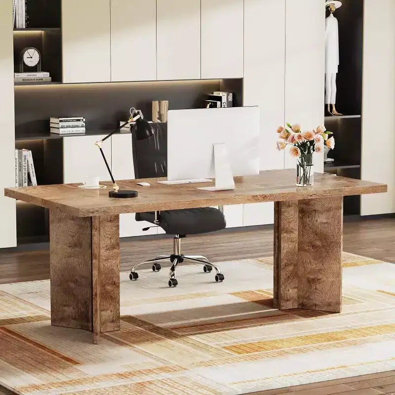 Lantine 63-inch Executive Desk, Home Office Computer Desk with Large Tabletop, Farmhouse Wood Writing Table Workstation for Office Light, Oak Brown