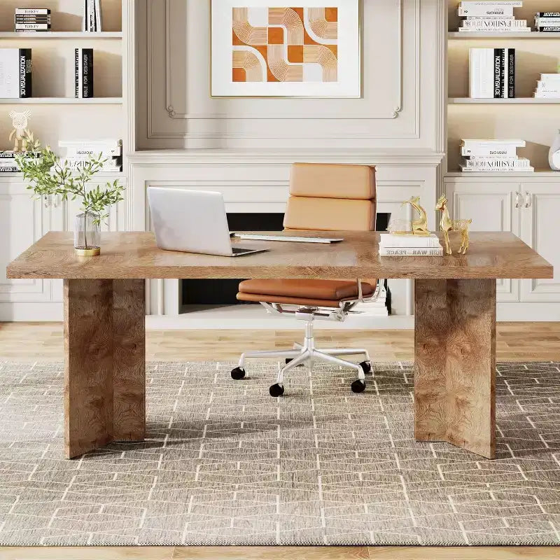 Lantine 63-inch Executive Desk, Home Office Computer Desk with Large Tabletop, Farmhouse Wood Writing Table Workstation for Office Light, Oak Brown