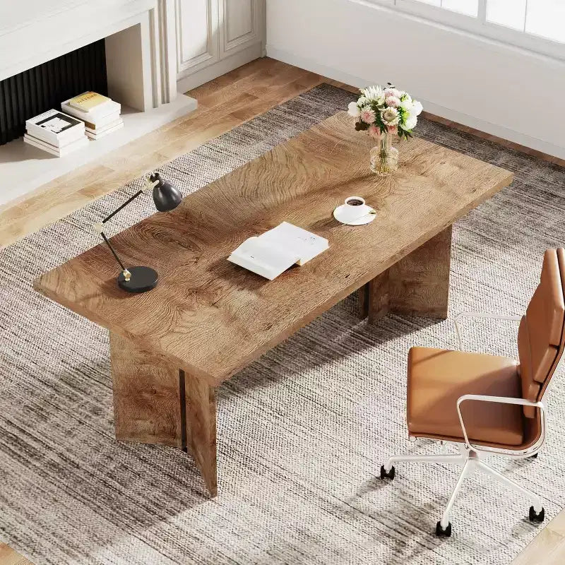 Lantine 63-inch Executive Desk, Home Office Computer Desk with Large Tabletop, Farmhouse Wood Writing Table Workstation for Office Light, Oak Brown