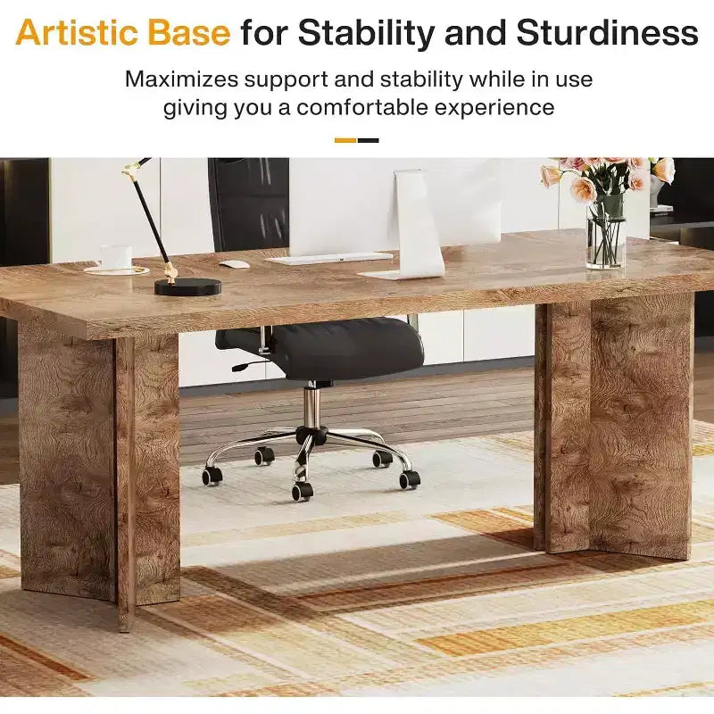 Lantine 63-inch Executive Desk, Home Office Computer Desk with Large Tabletop, Farmhouse Wood Writing Table Workstation for Office Light, Oak Brown