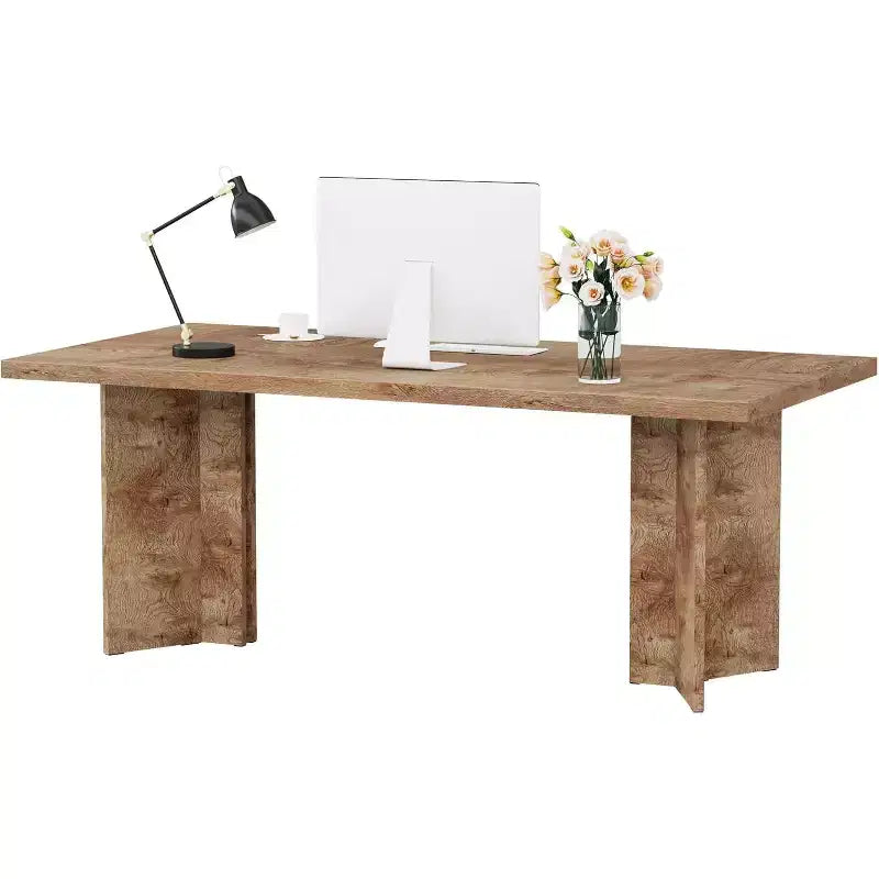 Lantine 63-inch Executive Desk, Home Office Computer Desk with Large Tabletop, Farmhouse Wood Writing Table Workstation for Office Light, Oak Brown