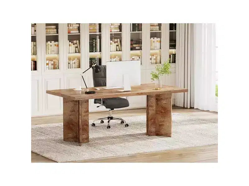 Lantine 63-inch Executive Desk, Home Office Computer Desk with Large Tabletop, Farmhouse Wood Writing Table Workstation for Office Light, Oak Brown