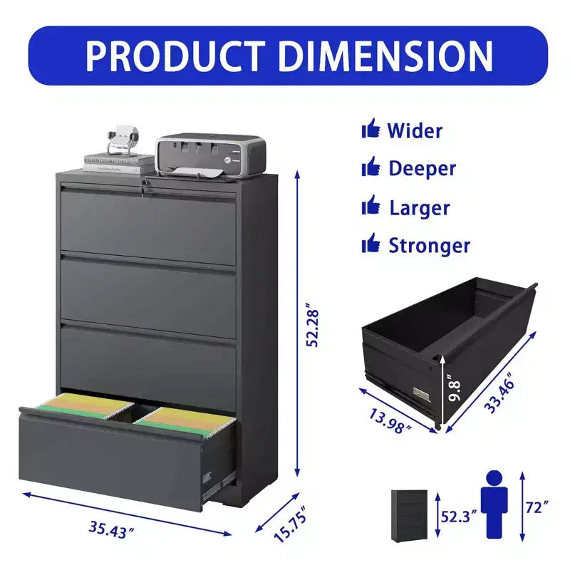 File Cabinet with 4 Drawers, Lock, 2 Keys, 440 Pounds Storage Space Lockable Metal File Cabinet , Files Legal, Letter, A4, F4 Size