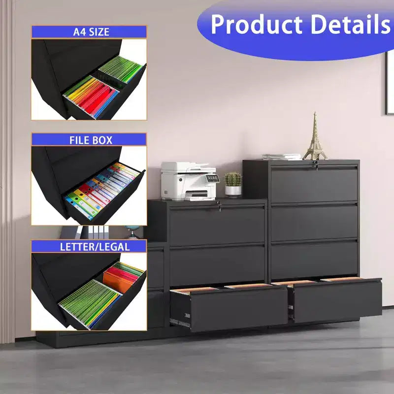 File Cabinet with 4 Drawers, Lock, 2 Keys, 440 Pounds Storage Space Lockable Metal File Cabinet , Files Legal, Letter, A4, F4 Size
