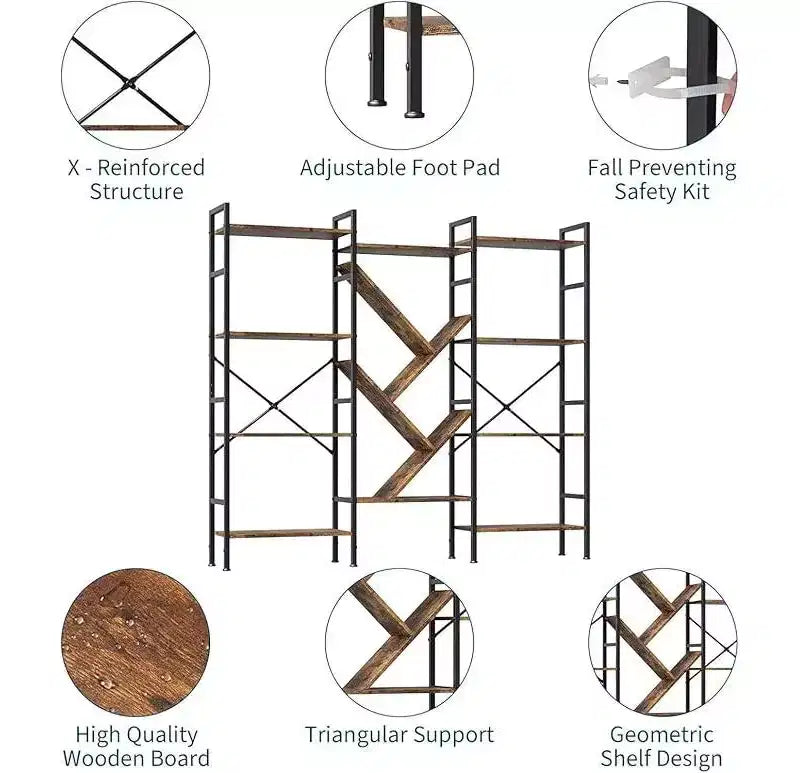 4 Tier Industrial Bookshelf - Heavy Duty Metal & Particleboard Shelving Unit, Display Shelves for Living Room & Home Office