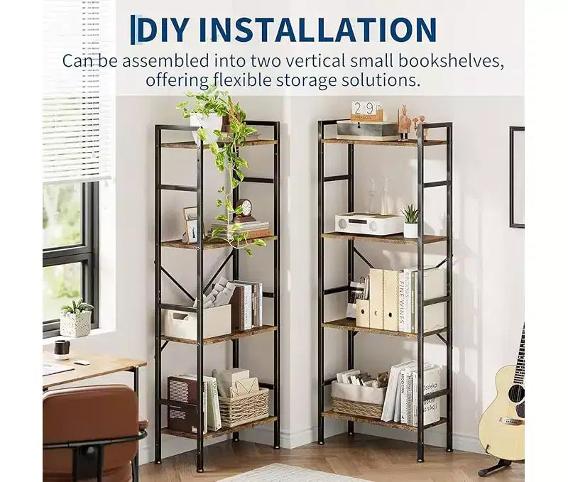 4 Tier Industrial Bookshelf - Heavy Duty Metal & Particleboard Shelving Unit, Display Shelves for Living Room & Home Office