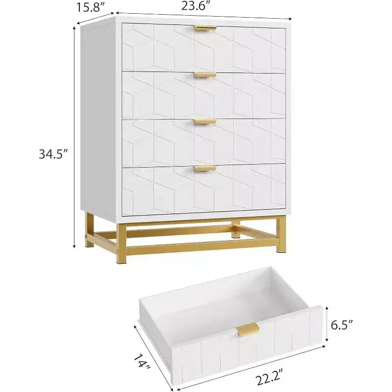 Acekool 4 Drawer Dresser, Modern Chest with Gold Handles and Engraved Front, Bedroom Storage Organizer for Entryway, Hallway, Living Room