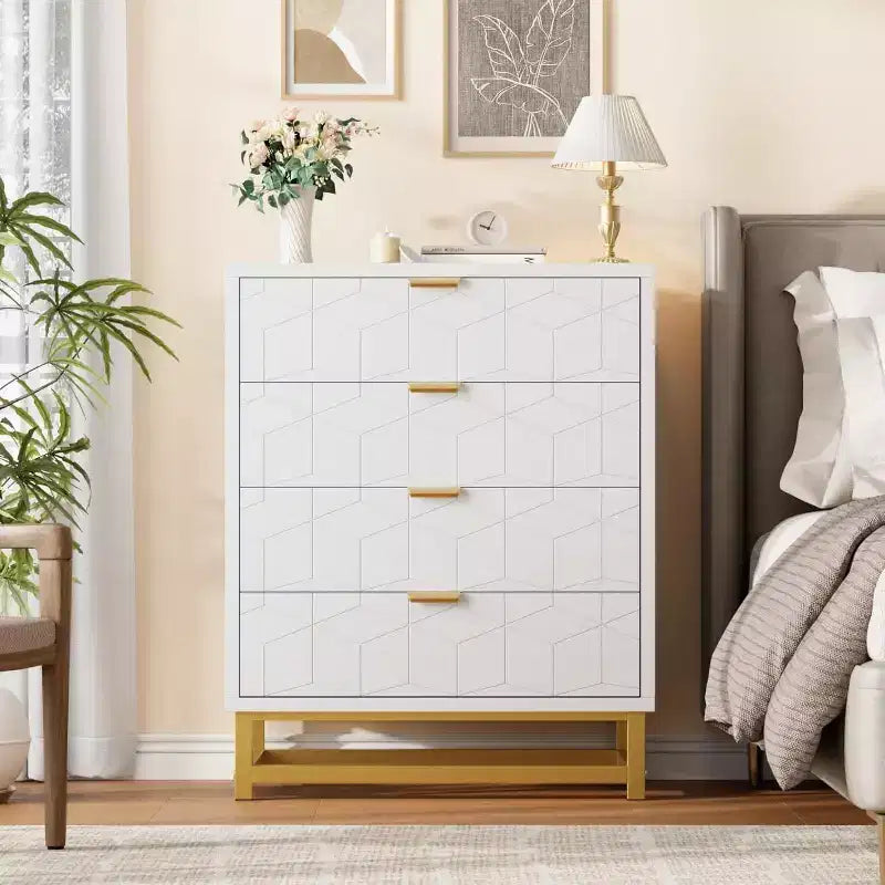 Acekool 4 Drawer Dresser, Modern Chest with Gold Handles and Engraved Front, Bedroom Storage Organizer for Entryway, Hallway, Living Room