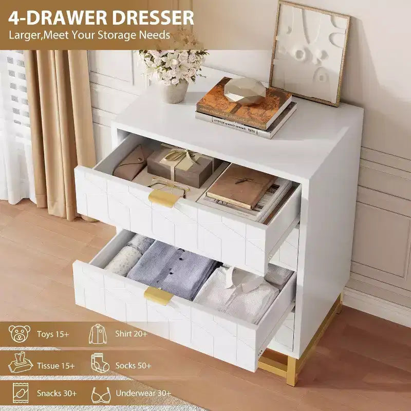 Acekool 4 Drawer Dresser, Modern Chest with Gold Handles and Engraved Front, Bedroom Storage Organizer for Entryway, Hallway, Living Room