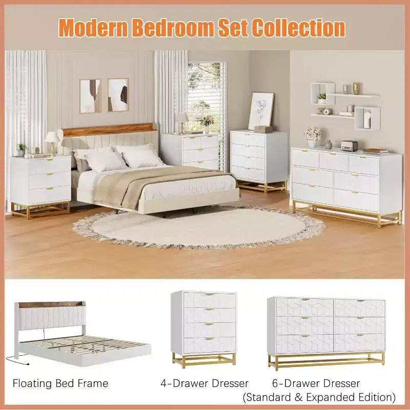 Acekool 4 Drawer Dresser, Modern Chest with Gold Handles and Engraved Front, Bedroom Storage Organizer for Entryway, Hallway, Living Room