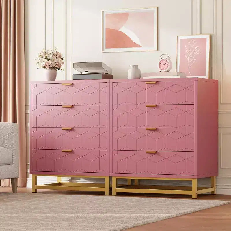 Acekool 4 Drawer Dresser, Modern Chest with Gold Handles and Engraved Front, Bedroom Storage Organizer for Entryway, Hallway, Living Room