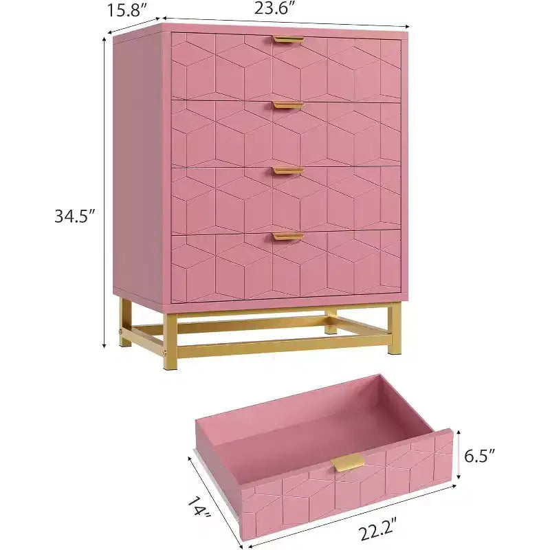Acekool 4 Drawer Dresser, Modern Chest with Gold Handles and Engraved Front, Bedroom Storage Organizer for Entryway, Hallway, Living Room