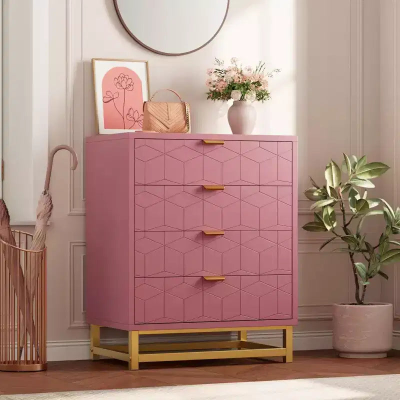Acekool 4 Drawer Dresser, Modern Chest with Gold Handles and Engraved Front, Bedroom Storage Organizer for Entryway, Hallway, Living Room