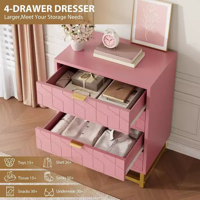 Acekool 4 Drawer Dresser, Modern Chest with Gold Handles and Engraved Front, Bedroom Storage Organizer for Entryway, Hallway, Living Room