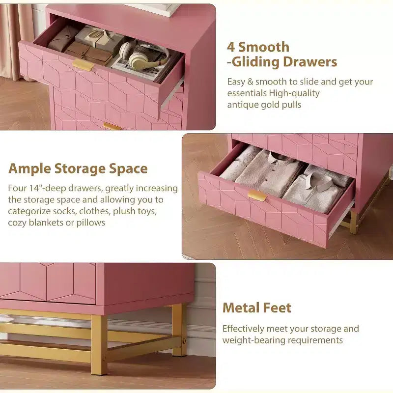 Acekool 4 Drawer Dresser, Modern Chest with Gold Handles and Engraved Front, Bedroom Storage Organizer for Entryway, Hallway, Living Room