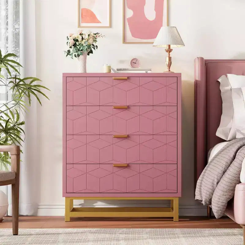 Acekool 4 Drawer Dresser, Modern Chest with Gold Handles and Engraved Front, Bedroom Storage Organizer for Entryway, Hallway, Living Room