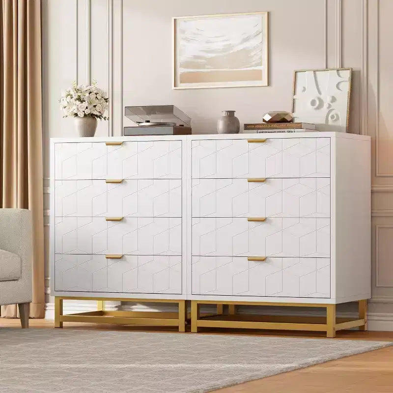 Acekool 4 Drawer Dresser, Modern Chest with Gold Handles and Engraved Front, Bedroom Storage Organizer for Entryway, Hallway, Living Room