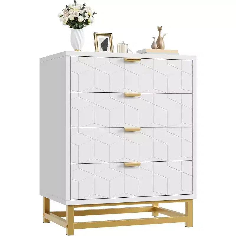 Acekool 4 Drawer Dresser, Modern Chest with Gold Handles and Engraved Front, Bedroom Storage Organizer for Entryway, Hallway, Living Room