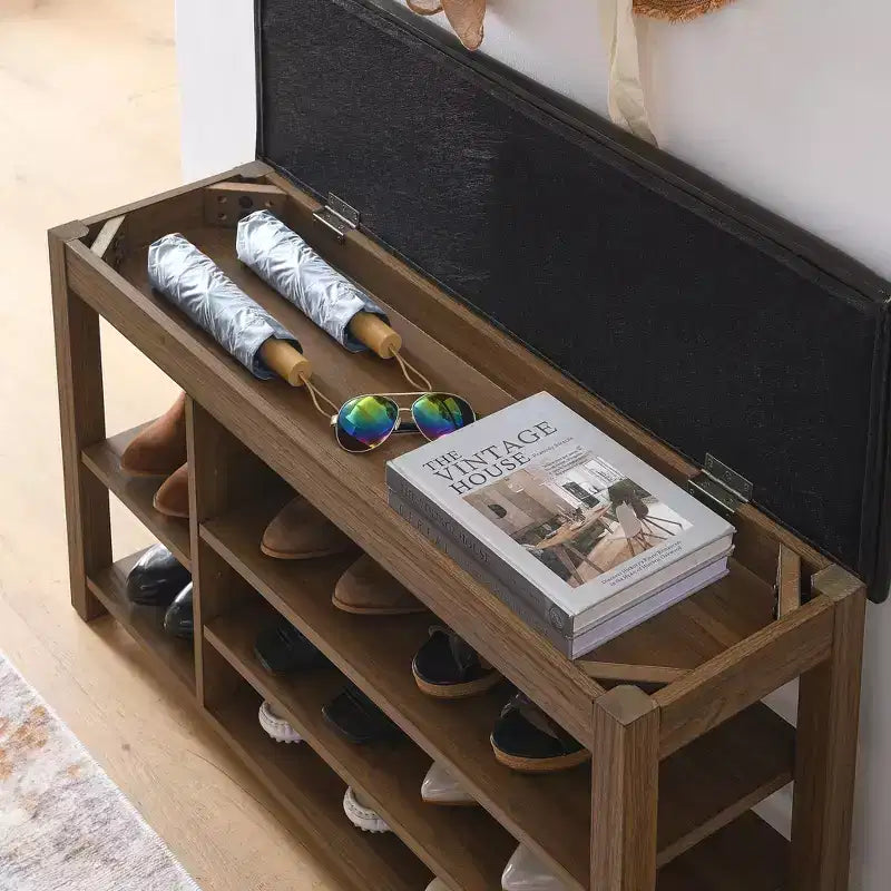 Natural Rubberwood Long Shoe Bench with Concealed Storage Nordic Style Entryway Organizer