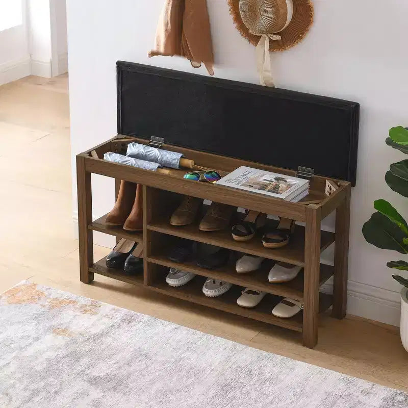 Natural Rubberwood Long Shoe Bench with Concealed Storage Nordic Style Entryway Organizer