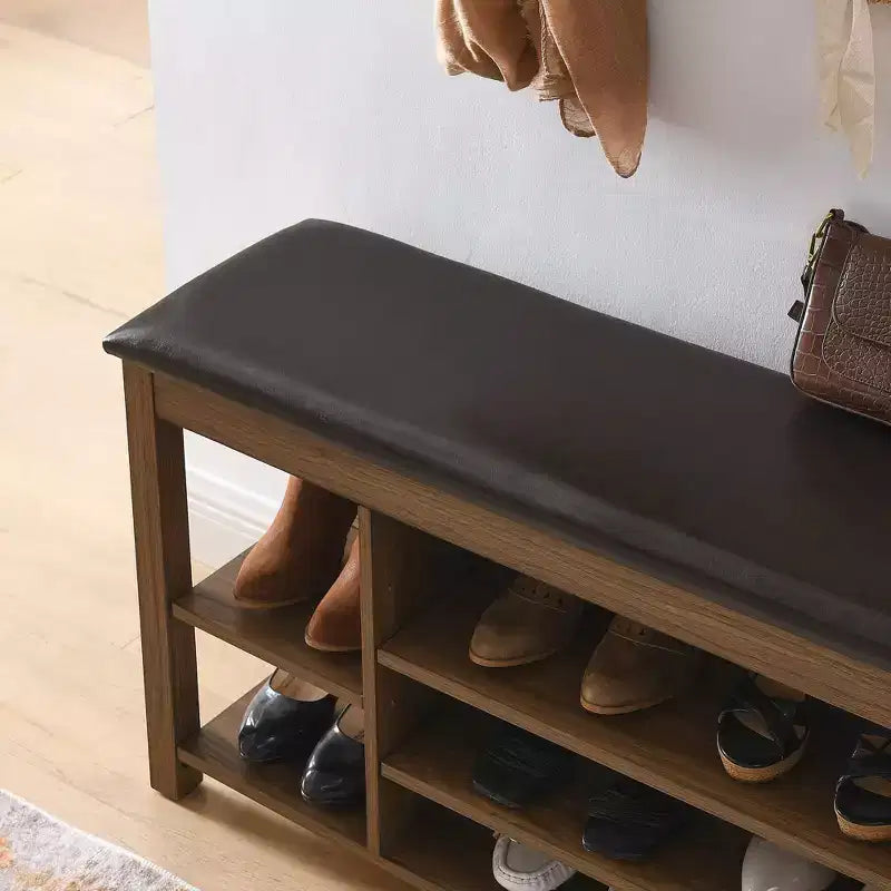 Natural Rubberwood Long Shoe Bench with Concealed Storage Nordic Style Entryway Organizer