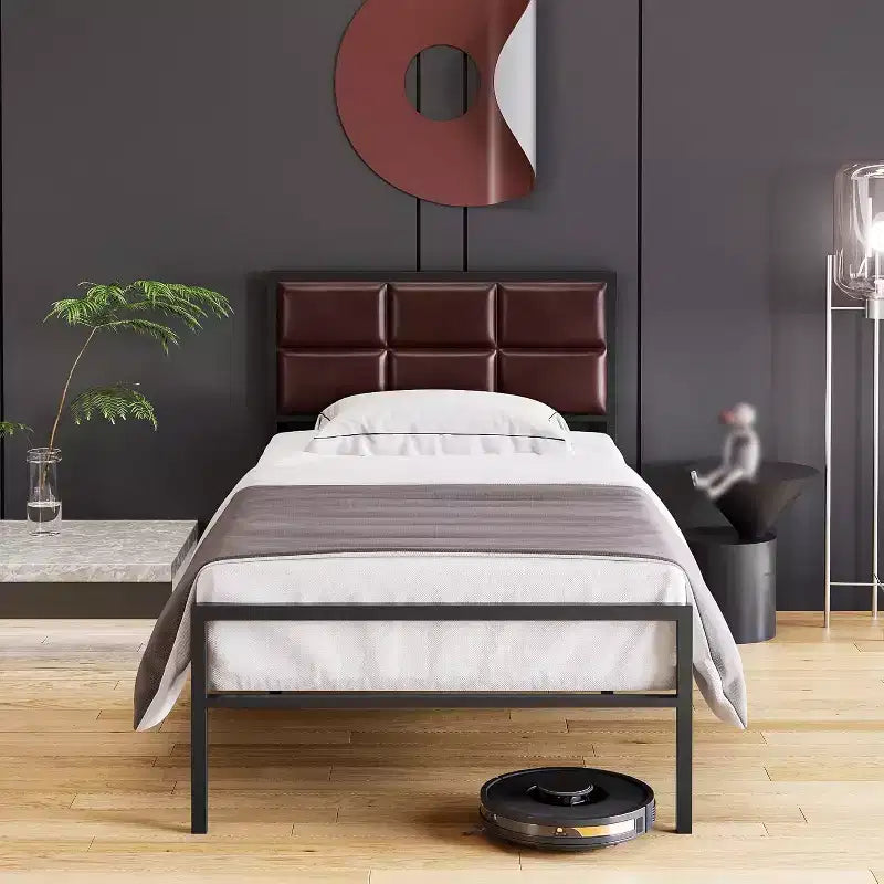 Queen Size Metal Platform Bed with Textured Headboard, Extra Large Under Bed Storage, Sturdy Slat Support, No Box Spring Needed for Bedroom