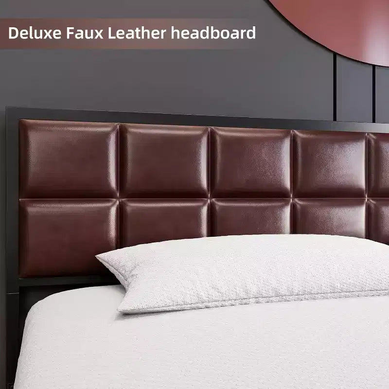 Queen Size Metal Platform Bed with Textured Headboard, Extra Large Under Bed Storage, Sturdy Slat Support, No Box Spring Needed for Bedroom