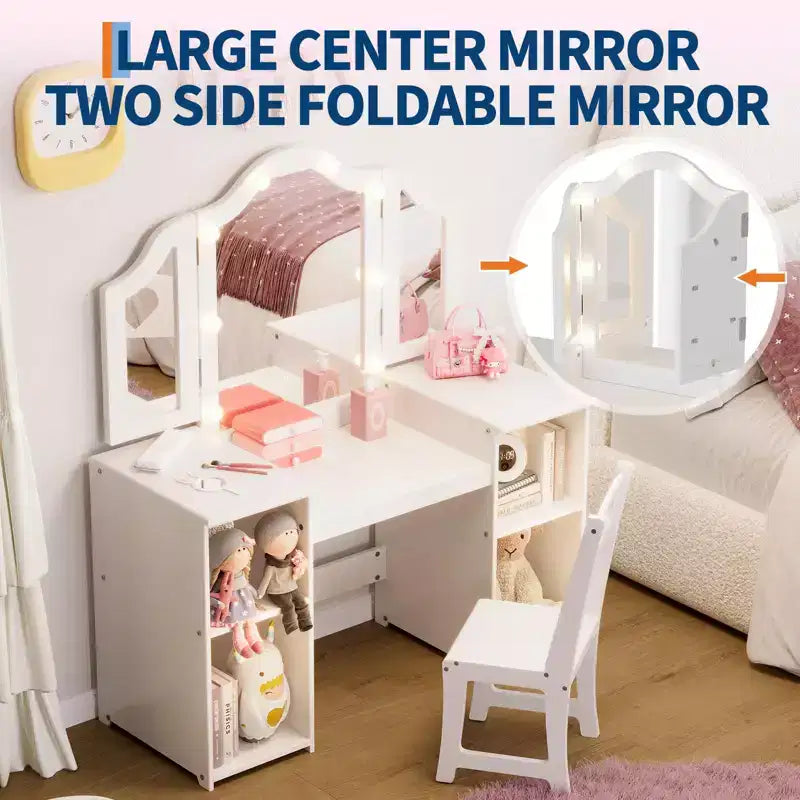 Kids Vanity Table with Drawers, Princess Makeup Desk & Chair Set, Detachable Tri-Folding Mirror, Wooden Toddler Vanity Table