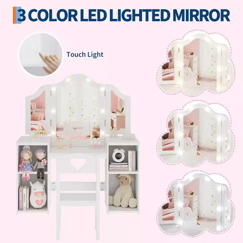 Kids Vanity Table with Drawers, Princess Makeup Desk & Chair Set, Detachable Tri-Folding Mirror, Wooden Toddler Vanity Table