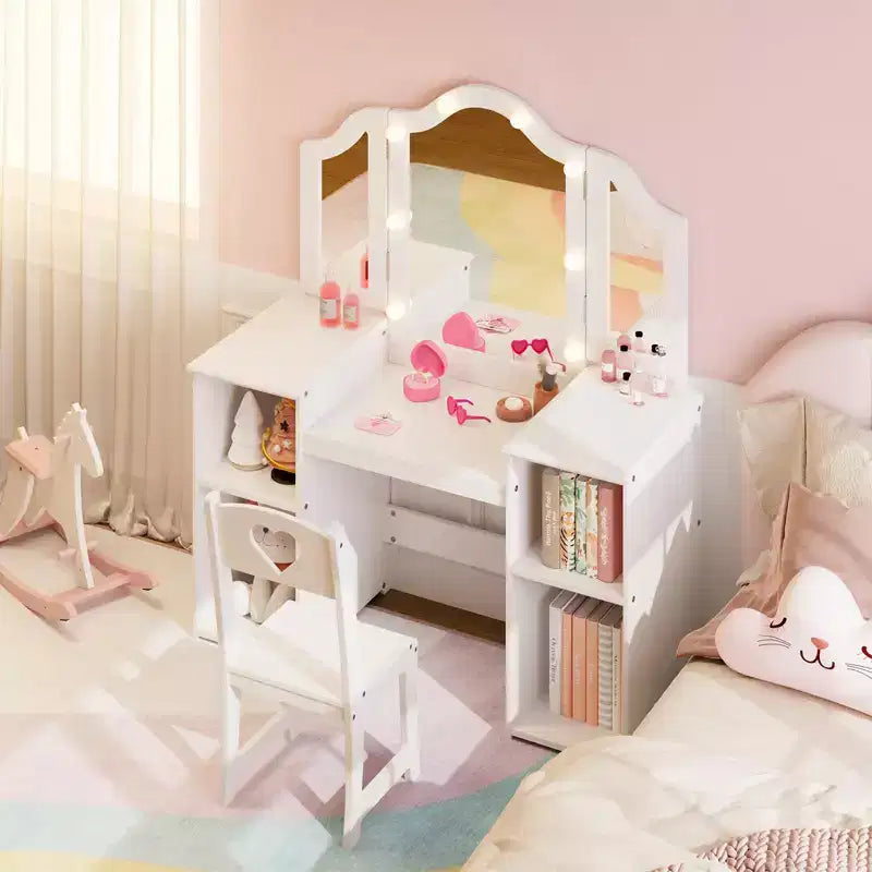 Kids Vanity Table with Drawers, Princess Makeup Desk & Chair Set, Detachable Tri-Folding Mirror, Wooden Toddler Vanity Table