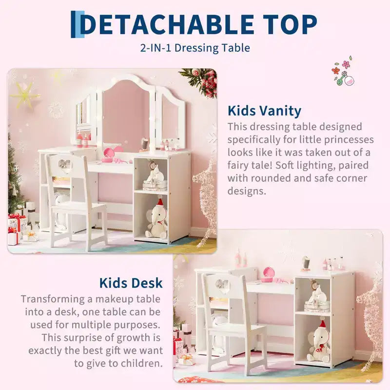 Kids Vanity Table with Drawers, Princess Makeup Desk & Chair Set, Detachable Tri-Folding Mirror, Wooden Toddler Vanity Table
