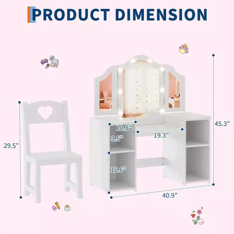 Kids Vanity Table with Drawers, Princess Makeup Desk & Chair Set, Detachable Tri-Folding Mirror, Wooden Toddler Vanity Table