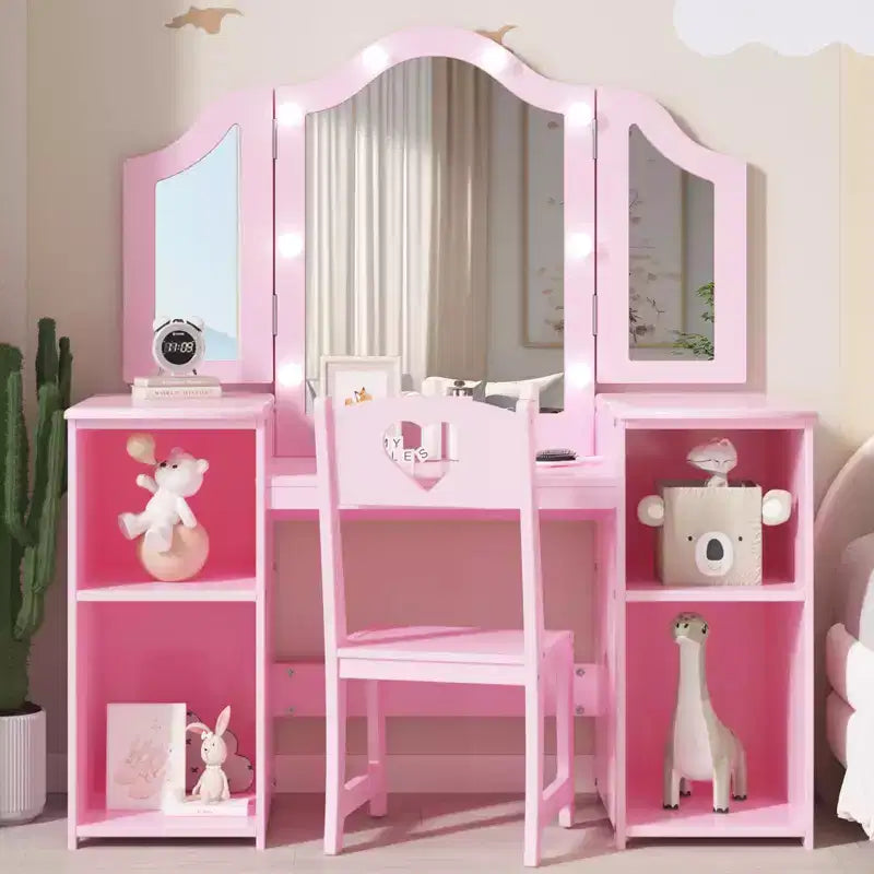 Kids Vanity Table with Drawers, Princess Makeup Desk & Chair Set, Detachable Tri-Folding Mirror, Wooden Toddler Vanity Table